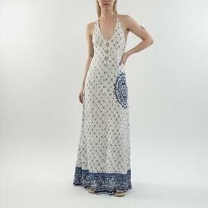 Desigual White & Blue Boho Halter Cross Open Back Side Slit Maxi Dress
